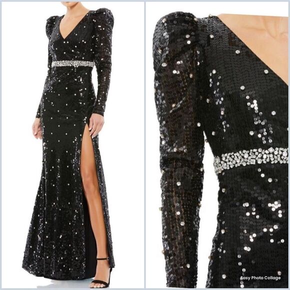 Mac Duggal 10736 Womens Sequin Faux Wrap Sequined Long Sleeve Gown - Picture 2 of 15